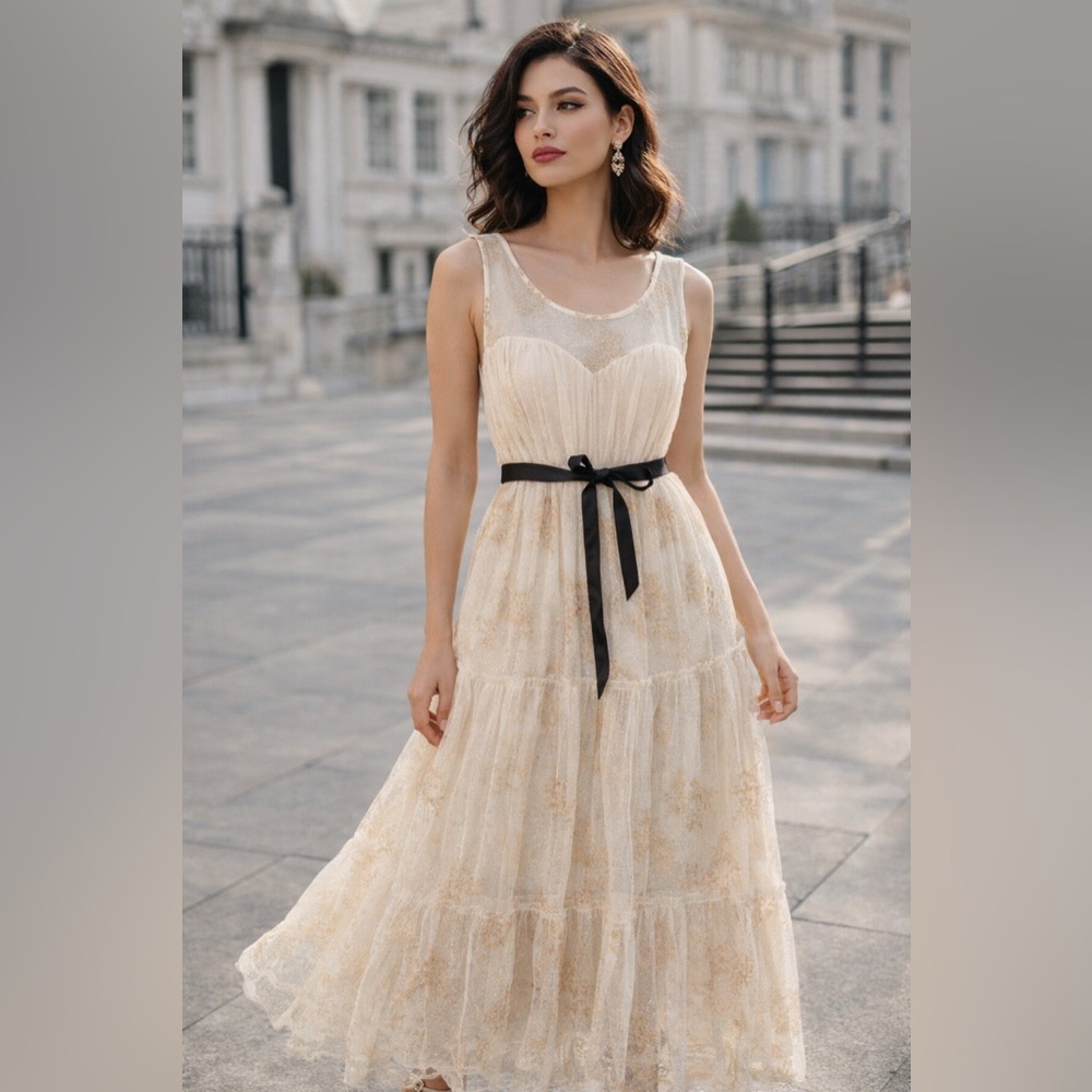 Romantic Cream Lace Tiered Dress with Black Ribbon Waist – Vintage Inspired